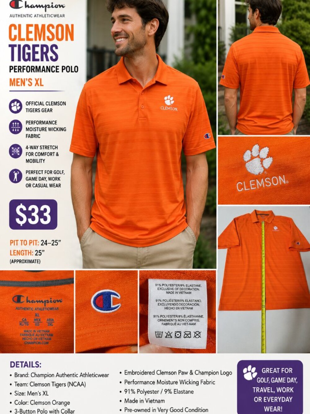 🐾 Clemson Tigers Champion Performance Polo – Men’s XL – Orange – NCAA